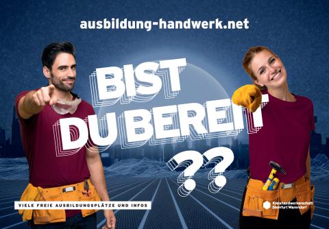 plakat-verkauft.de_handwerk_ausbildung Plakatmotiv einer Kampagne zur Nachwuchsgewinnung im Handwerk. Zwei junge Menschen fordern zum Mitmachen auf: 'Bist du bereit?' mit Website und Ausbildungsinfos.